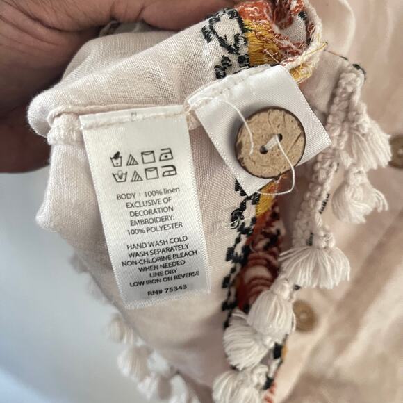 Rachel Zoe Linen Embroidered Peasant Blouse Womens Small Ivory Boho Tassel Hem - Picture 4 of 6